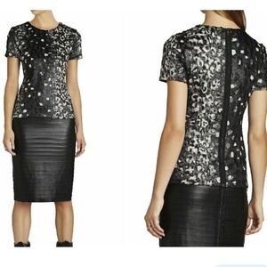 BCBGMaxAzria Tulum Black Gray Faux Crushed Fur Animal Print Short Sleeve Top